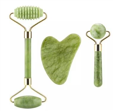 Anpassad logotyp ansiktsgrön jade roller gua sha set