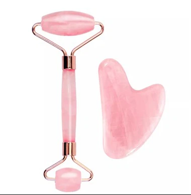 Dubbel Rose Quartz Jade Roller Och Gua Sha Set